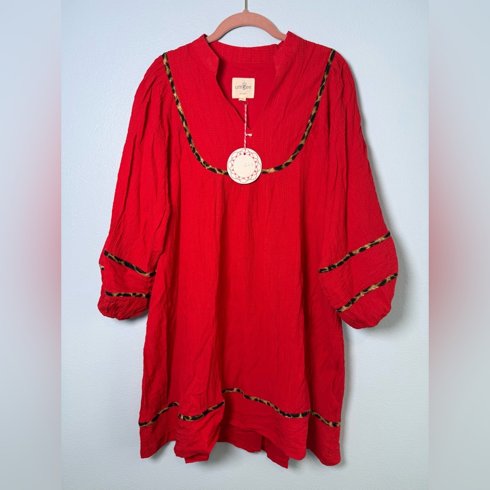 Umgee Bright Red Textured Tunic Dress Tunic with Leopard Trim